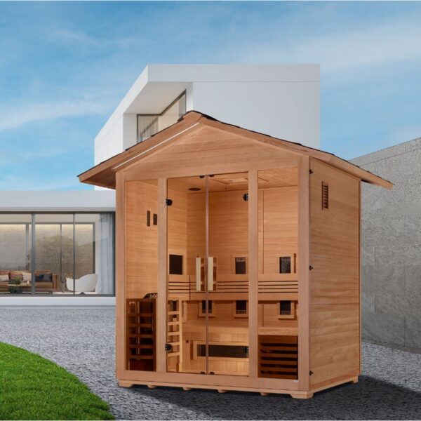 "Gargellen" 5 Person Hybrid (PureTech™ Full Spectrum IR or Traditional Stove) Outdoor Sauna - Canadian Hemlock